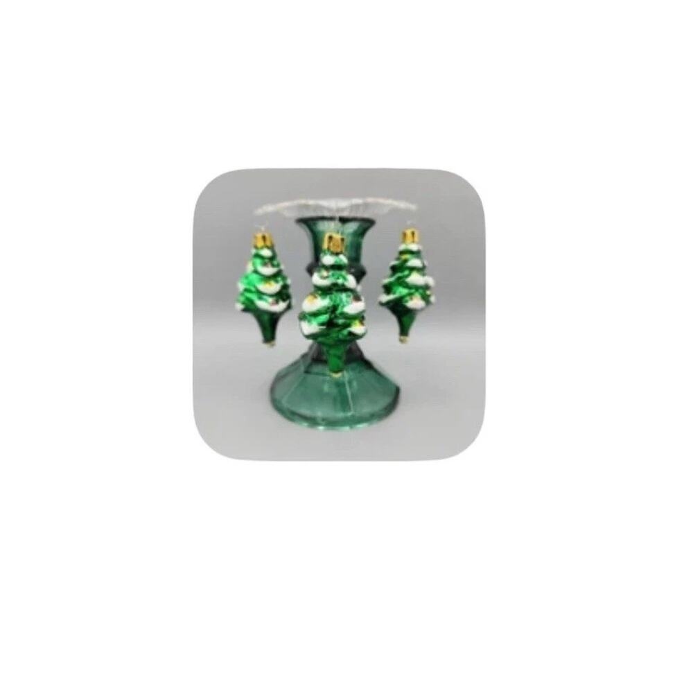 Vintage Christmas Bobeche Glass Christmas Trees Candle Skirt Green Gold 1990s‎